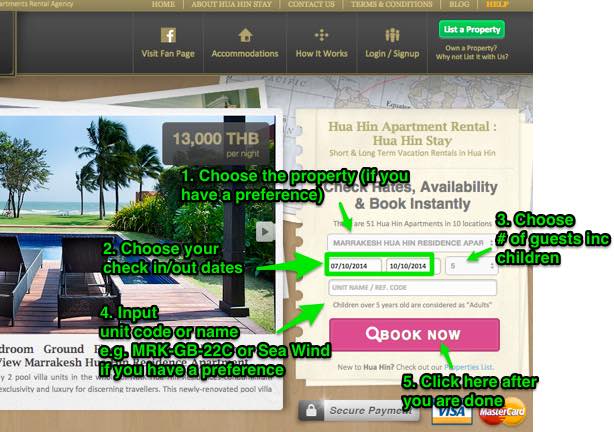 This shows how to search for apartment or room availability on Hua Hin Stay home page